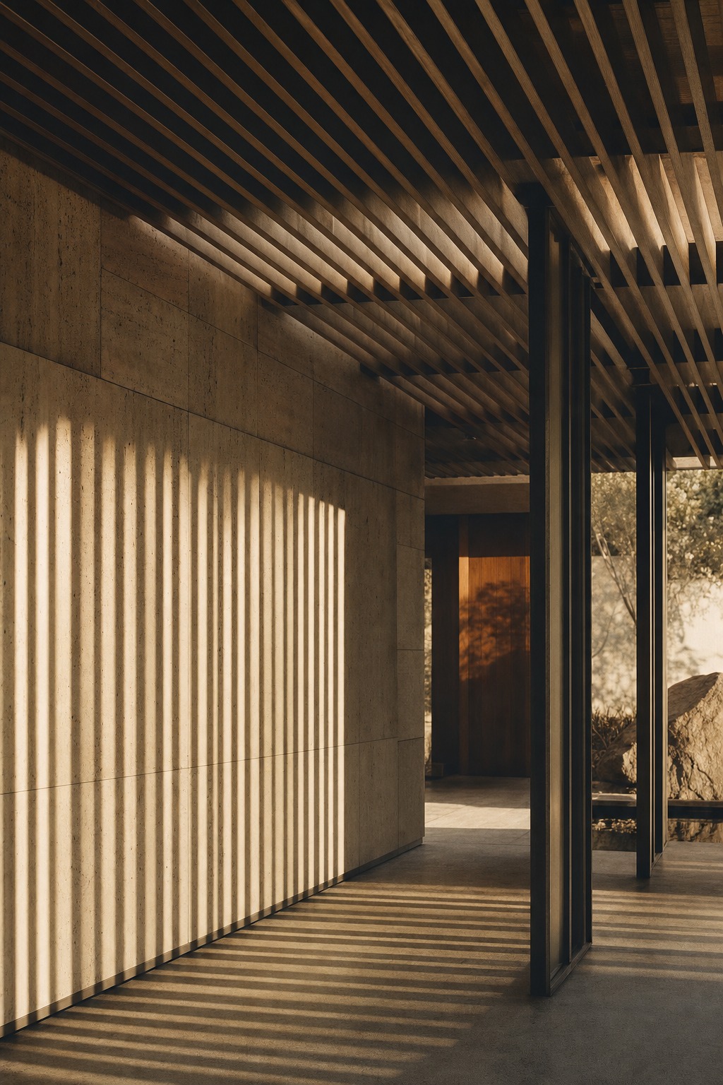 Late afternoon light raking through a timber slatted overhang onto a travertine wall in a Los Angeles modernist house