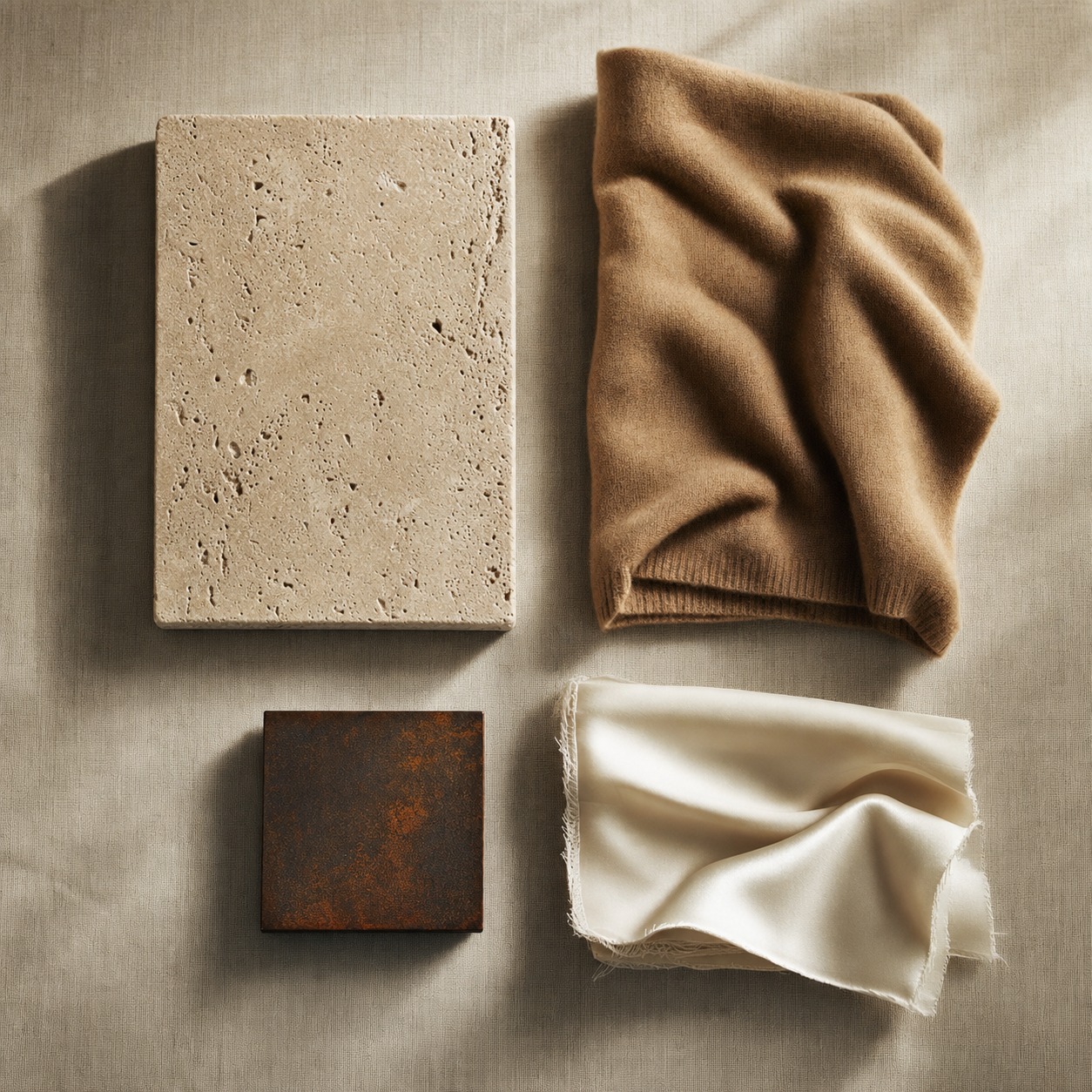 Overhead still life of travertine, camel cashmere, oxidised cor-ten steel and ivory silk arranged on bone linen