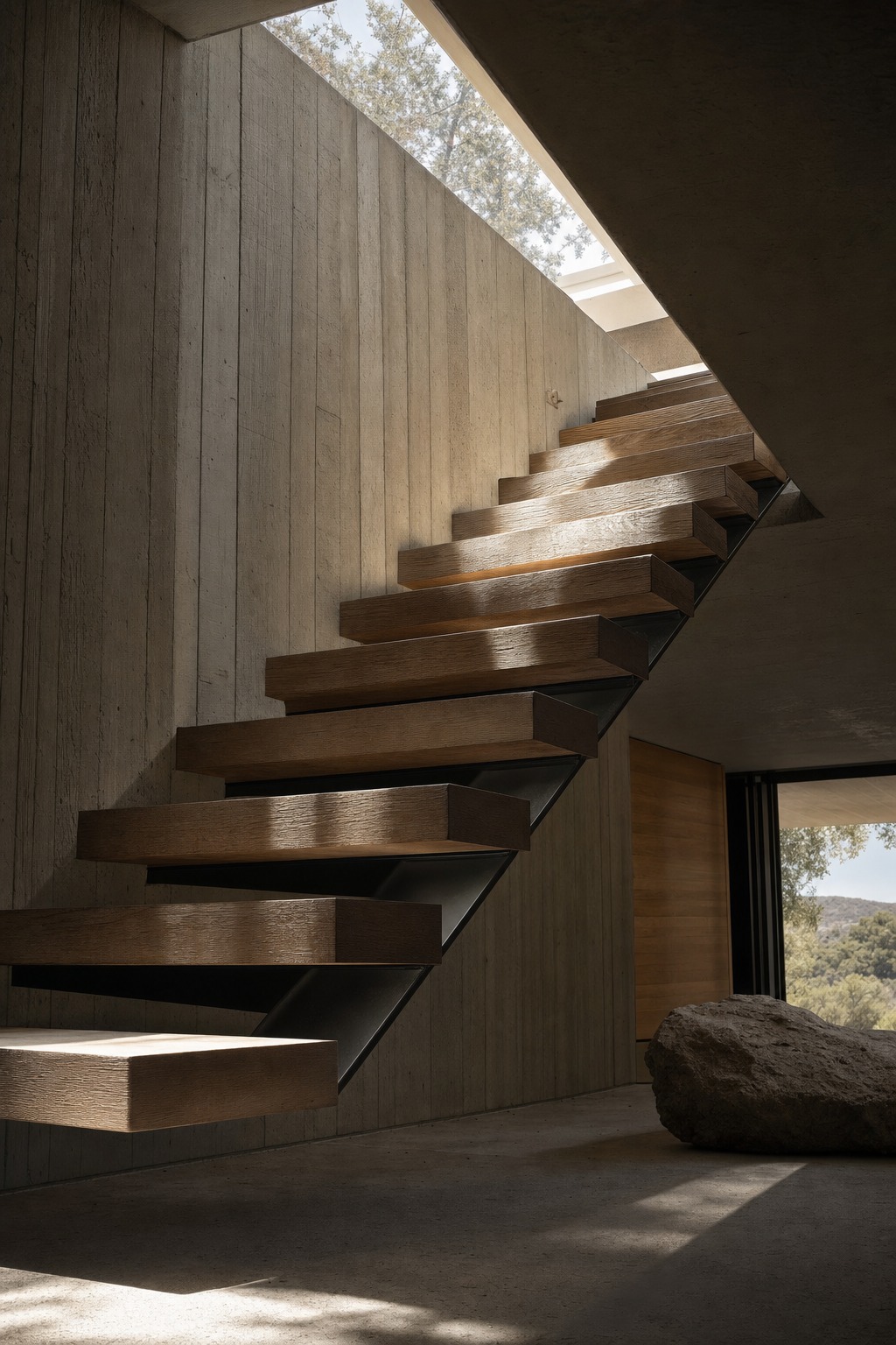 A cantilevered white oak and steel staircase in a hillside Los Angeles house, lit from a clerestory above